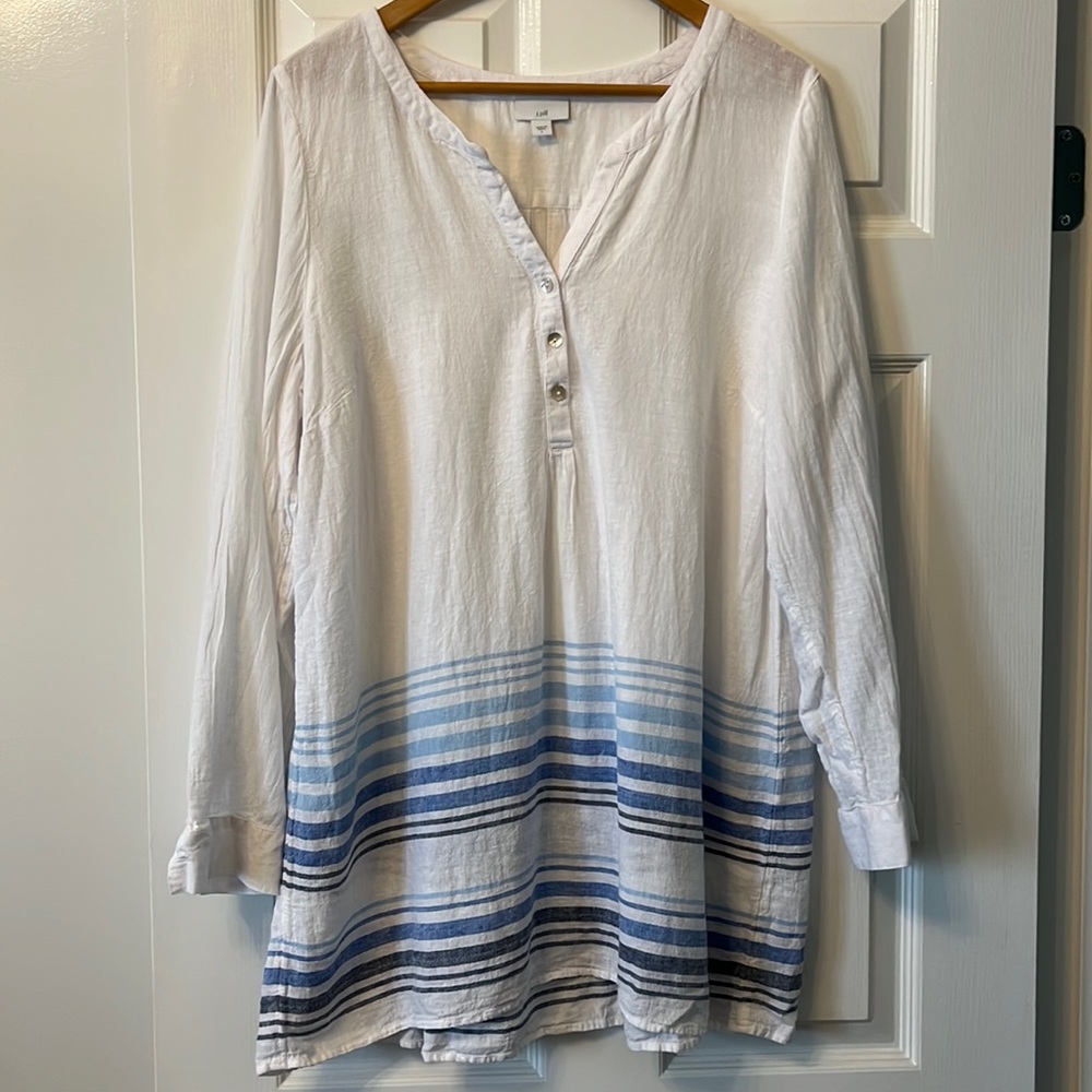 JJill lightweight white with blue stripes linen/rayon long sleeve tunic. Sz L.
